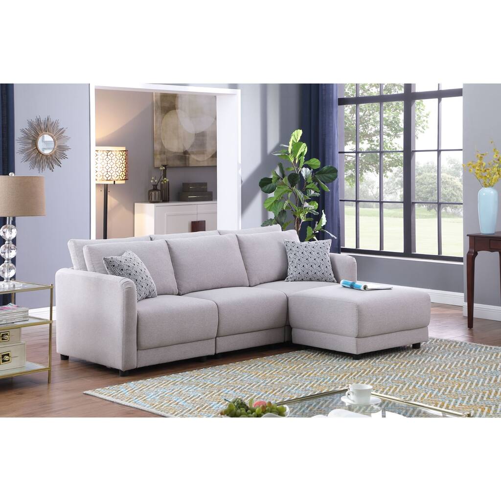 Linen Upholstered Sofa with Ottoman in Light Gray