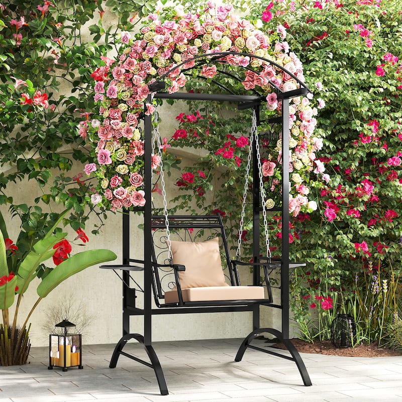 Gymax Outdoor Porch Swing w/Stand & 2 Trellises Removable Cushions for