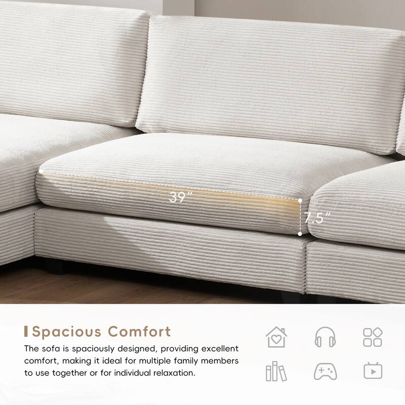 134" Corduroy Sectional Sofa with L-Shaped Cloud Couch and USB Charging & 50" Chaise (330lb Capacity)