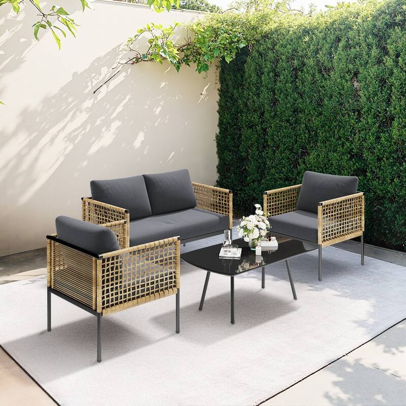 4-piece Waterproof Fabric Sofa Set (2+1+1) with PE Woven & Marble Table