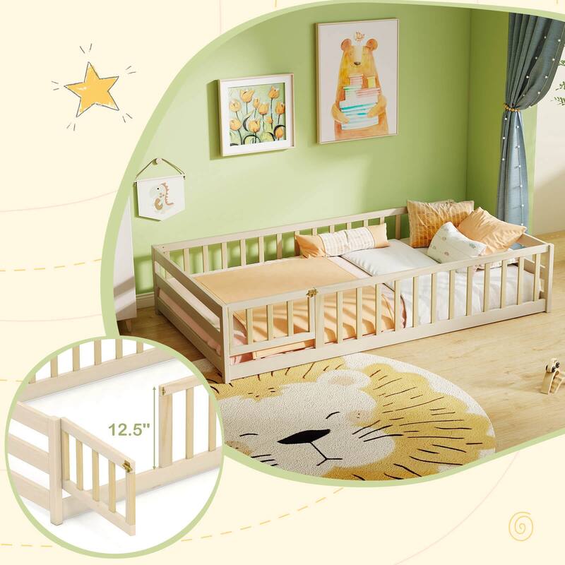 Costway Twin Size Floor Bed with Door & Fence with Safety Guardrails &