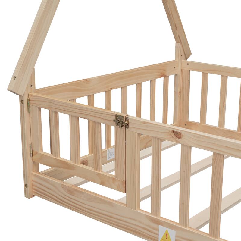 Twin Tent-shaped Floor Bed, Pine Fun Playhouse Bed Frames, With Guardrails, Slats, Door, House Bed Frame With Roof