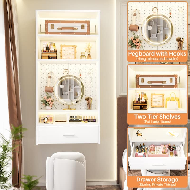 25'' W Hanging Closet System with Vanity Desk, Closet Organizer with Wood Drawer and Storage Shelves and Magnetic Pegboard