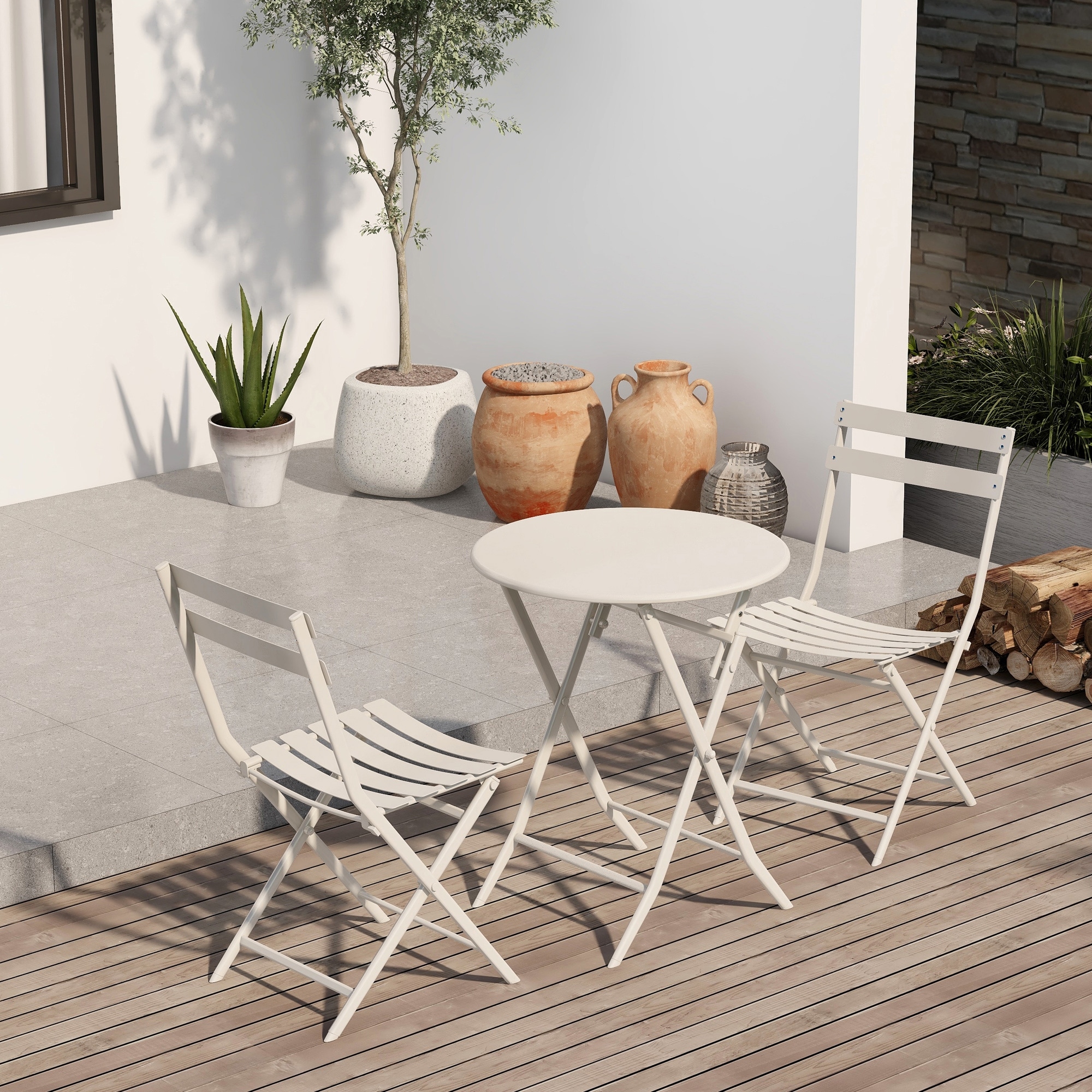 3 Piece Patio Bistro Set of Foldable Square Table and Chairs