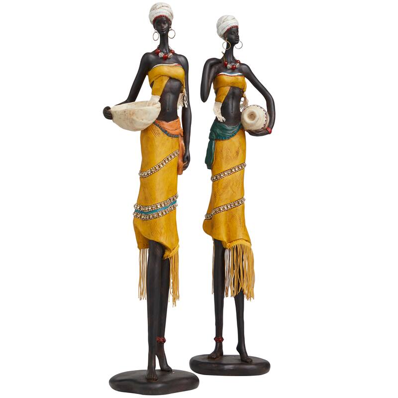 Yellow Polystone Handmade African Woman People Decorative Sculpture with Water Jugs and Jeweled Details (Set of 2)