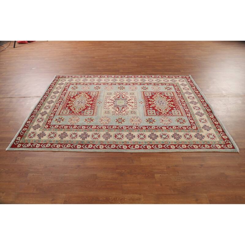 Geometric Kazak Area Rug Bedroom Handmade Wool Carpet - 5'1" x 6'10"