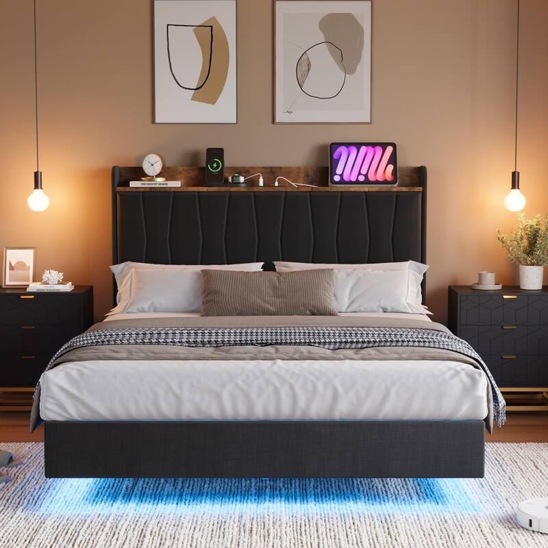 Floating Bed Frame Full with LED Lights & USB Charging Station – Modern Upholstered Platform Bed with Headboard