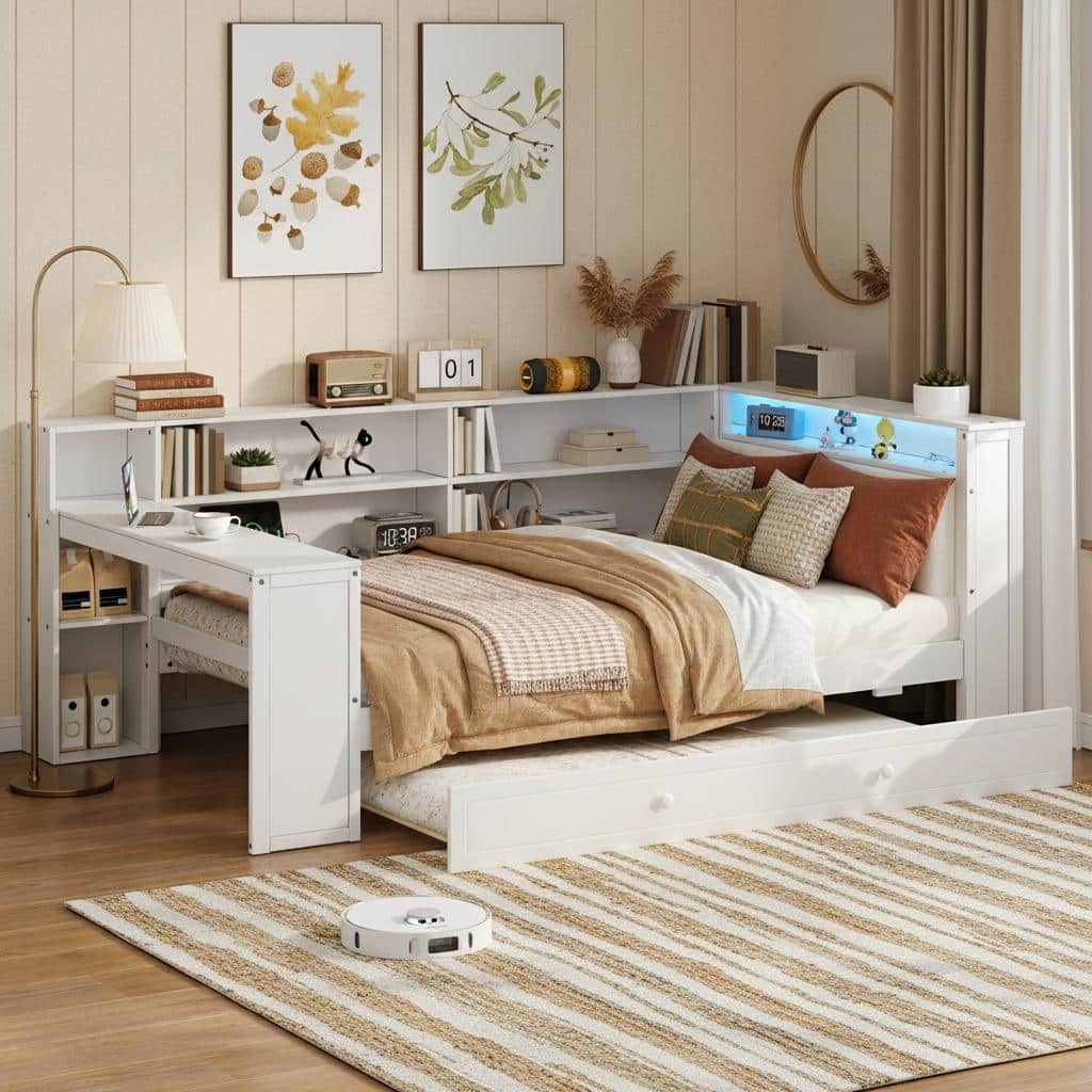 Daybed Bed with Trundle, Storage Shelves, Charging Station, & LED Light by Harper&Bright Designs