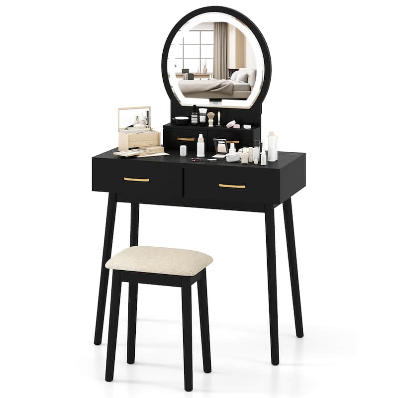 Gymax Small Vanity Desk w/Mirror & Lights Cushioned Stool 3 Adjustable - Black