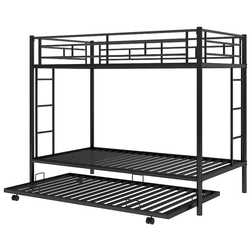 Twin over Twin Size Metal Bunk Bed with Trundle, Ladder and Fence for Bedroom