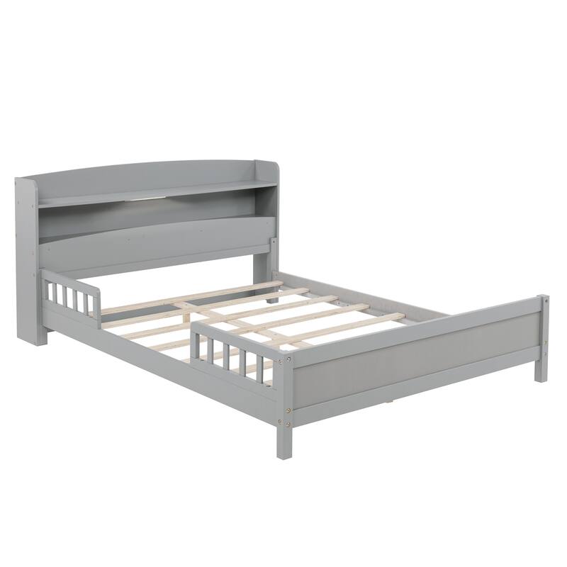 Full Size Platform Bed with LED Motion Sensor Light, Bookcase, And Adjustable Guardrails