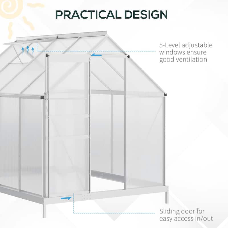 Outsunny Aluminum Greenhouse Polycarbonate Walk-in Garden Greenhouse Kit with Adjustable Roof Vent, Rain Gutter and Sliding Door