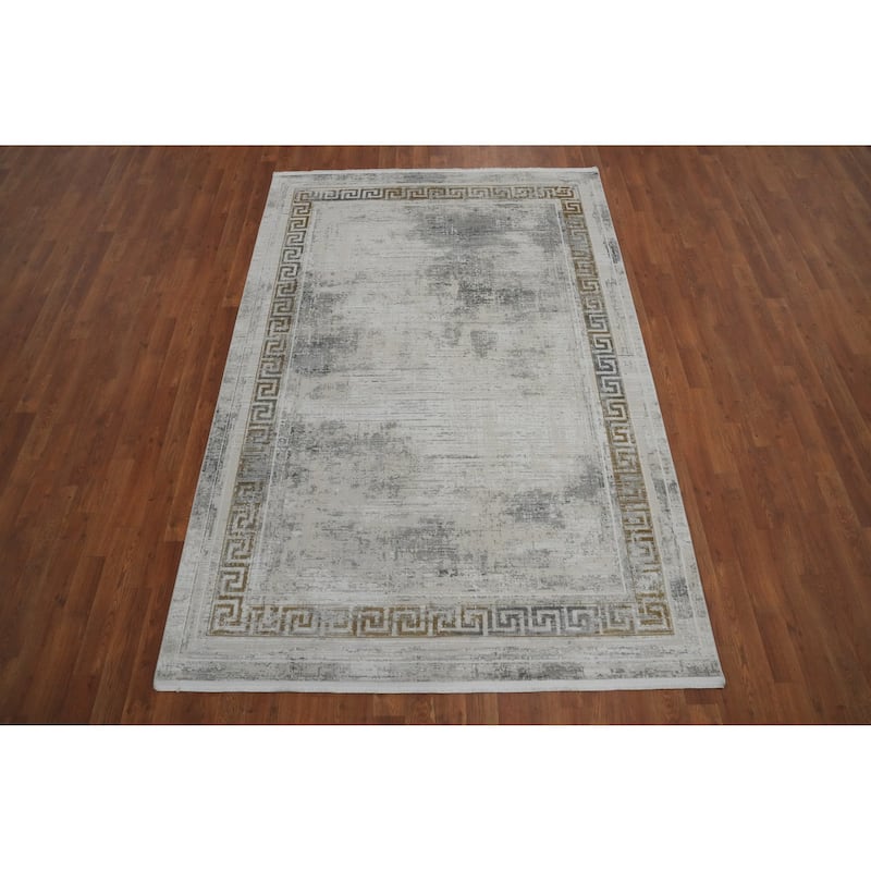 Machine Made Oriental Polyester Carpet Bordered Greys & Charcoal Distressed Area Rug - 7' 5'' X 5' 2''