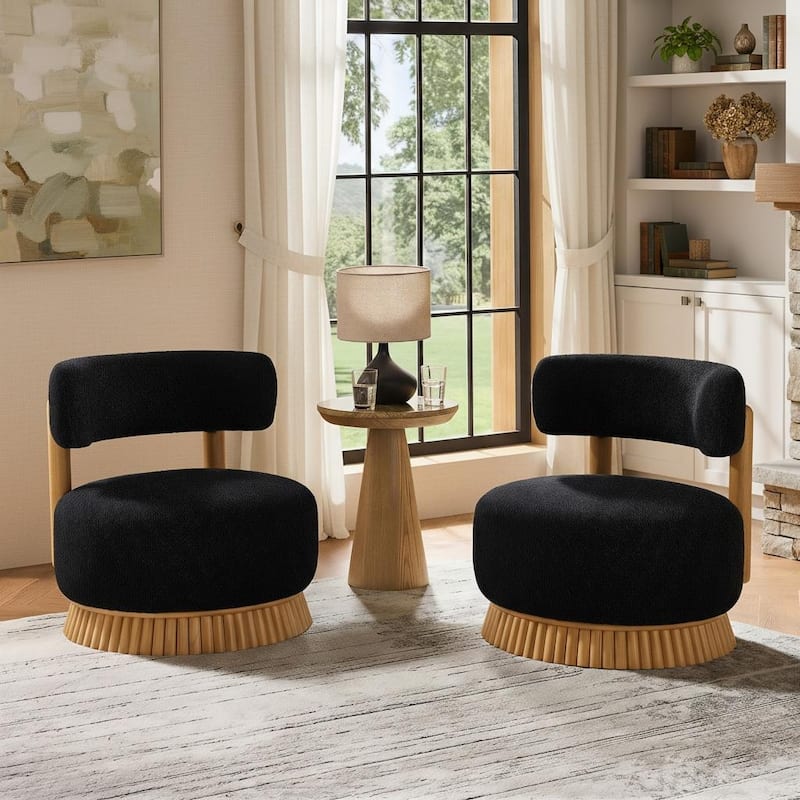 Modern Farmhouse Bouclé Armless Chair with Straw-Inspired Wood Base by Harper&Bright Designs - Black&Setof2