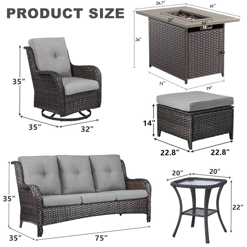 7 Piece Wicker Furniture with Fire Pit Table