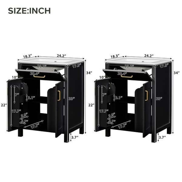 dimension image slide 4 of 8, GDFStudio - Nova Bathroom Vanity Cabinet with Single Ceramic Sink, Soft-close Doors & Adjustable shelf