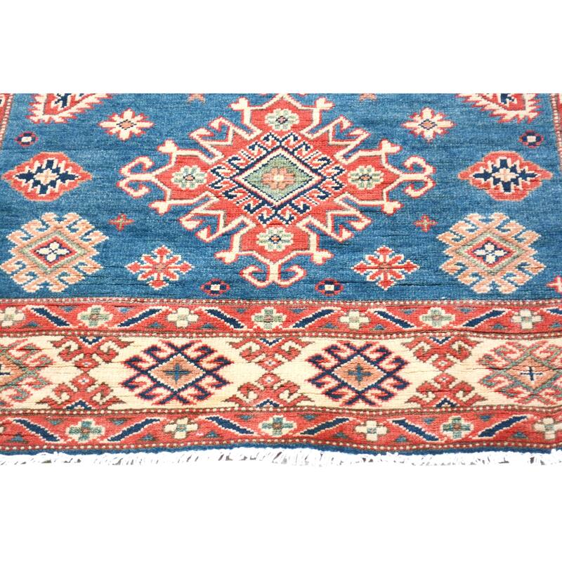 Rustic Kazak Katrina Blue/Natural Wool Runner - 4'0'' x 16'2''