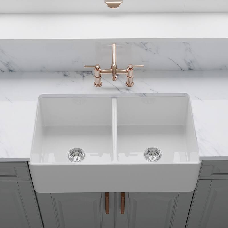 Crestwood 33" Classic Double Bowl Apron Fireclay Sink - White