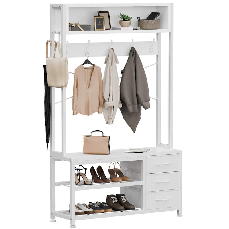 5-in-1Hall Tree Entryway Shoe Rack with 7 Hooks& 3 Drawers - White