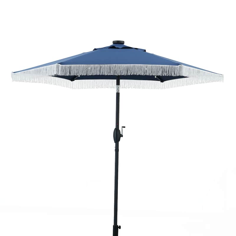 Ainfox 7FT Outdoor Patio Umbrella with Tilt Fringe Tassel Umbrella with LED Solar Lights