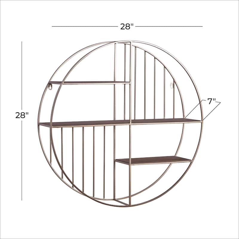 Metal Geometric Circle Wall Shelf with 3 Wood Shelves and Linear Rods - Gold - Roche River Decor - 7"W x 28"L x 28"H