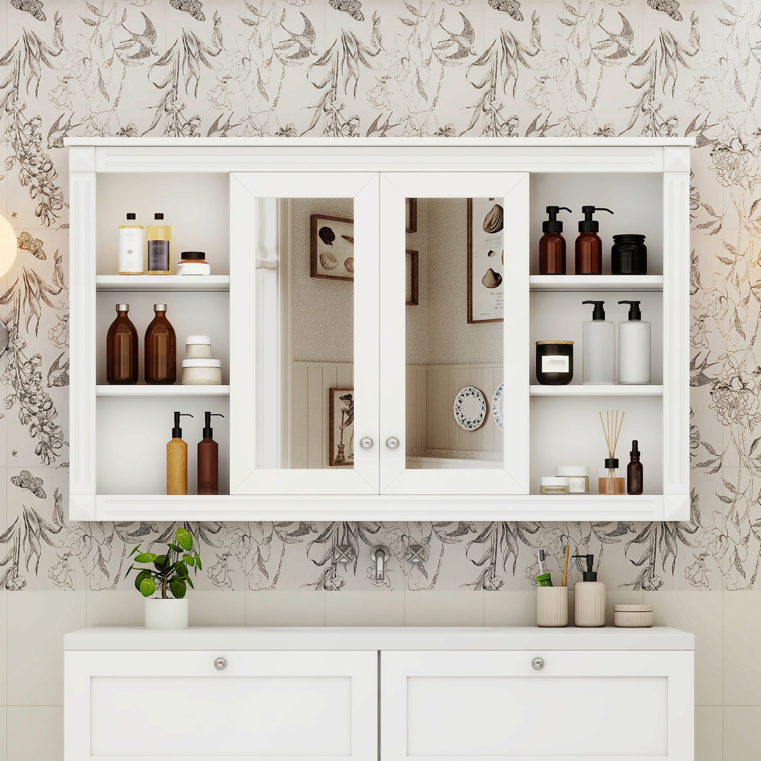 47 Inch Bathroom Mirror Cabinet with Storage, Adjustable Shelf, and Open Shelves for Enhanced Organization and Style