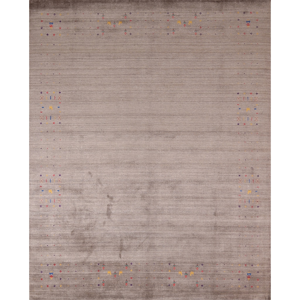 Striped Brown Gabbeh Oriental Area Rug Hand-Knotted Wool Carpet - 8'2" X 9'2"