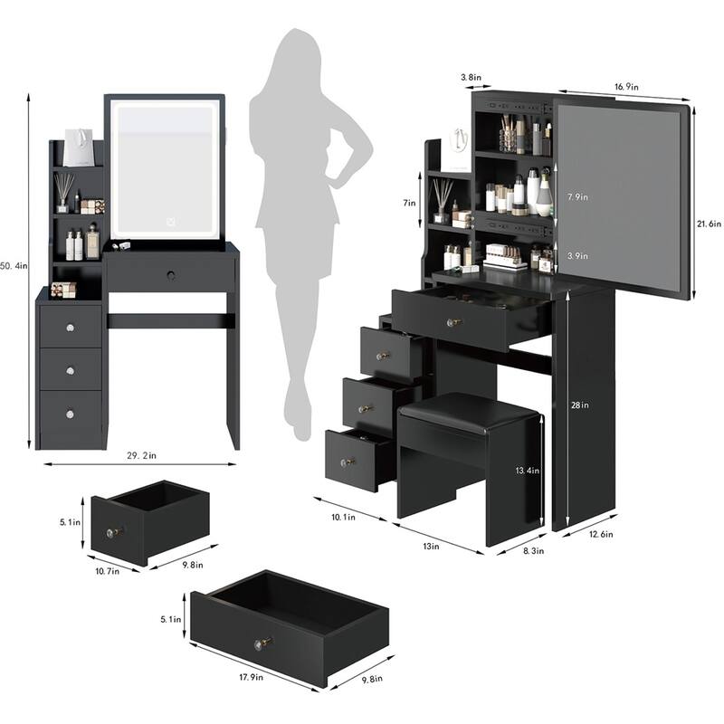High Capacity Vanity Table with Cushioned Stool and Sliding Mirror