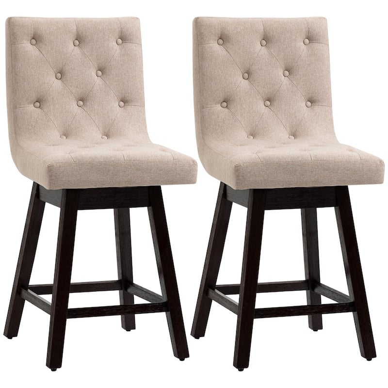 HOMCOM Bar Stools Set of 2, Swivel Bar Chairs, 25.5" High Fabric Tufted Breakfast Barstools for Kitchen Counter