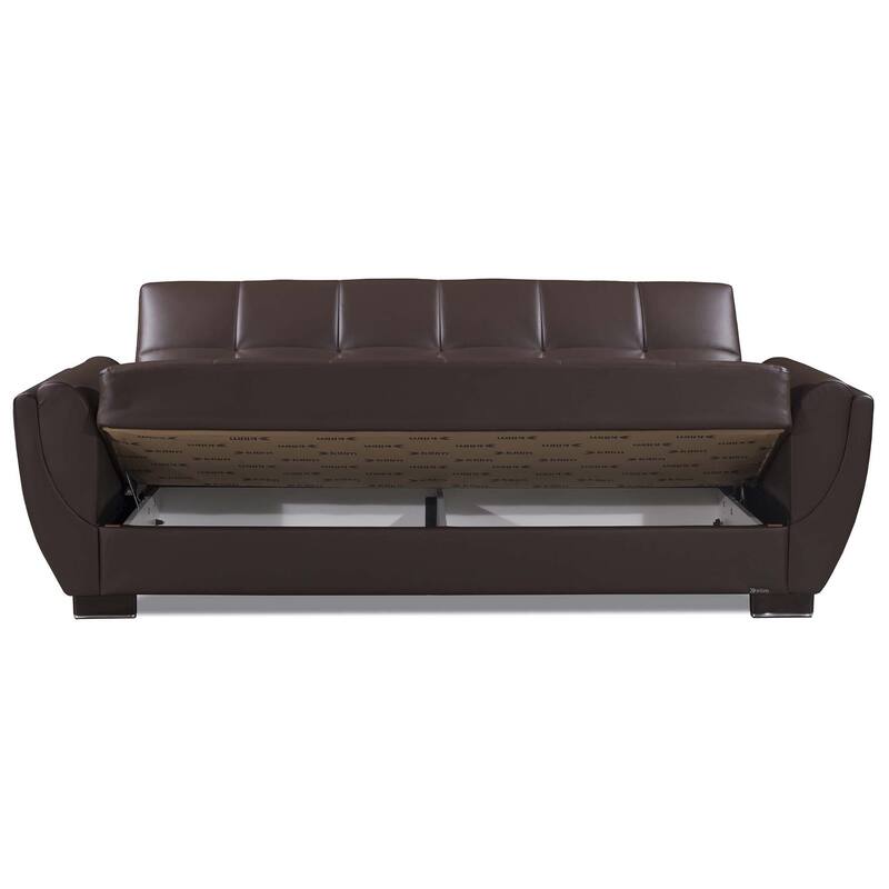 HomeRoots 93" Brown Faux Leather Convertible Futon Sleeper Sofa And Toss Pillows With Storage