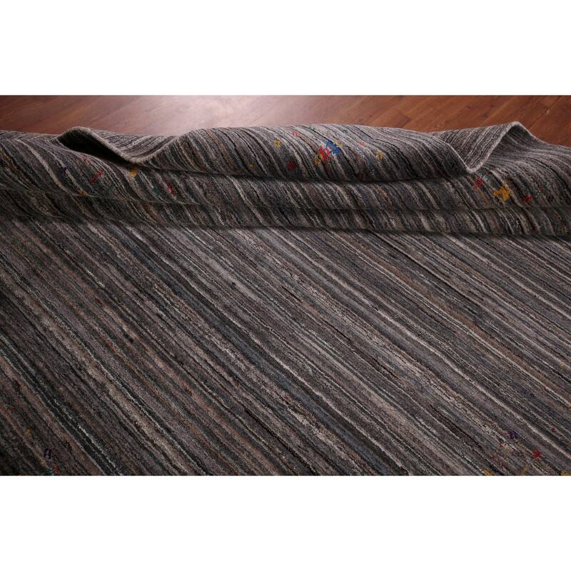 Striped Tribal Gabbeh Indian Square Area Rug Hand-Knotted Wool Carpet - 7'7"x 8'0"