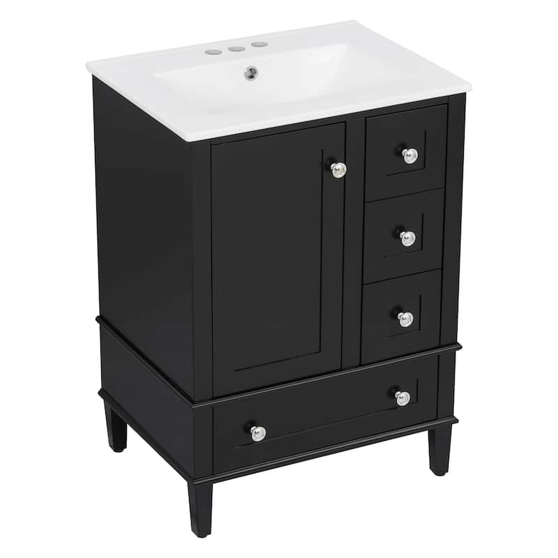 24" Bathroom Vanity with Integrated Ceramic Basin - Soft-Close Drawers, Door-Mounted Shelf