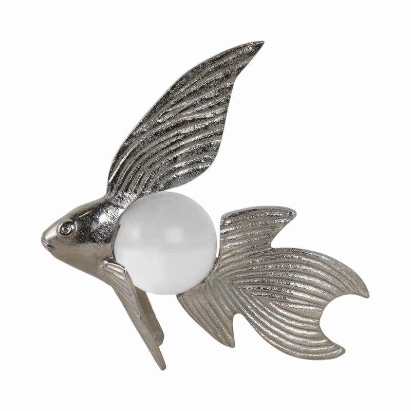 Metal Fish Figurine with Textured Fins and Glass Orb - 9" Silver - 9.5" x 3.5" x 9"