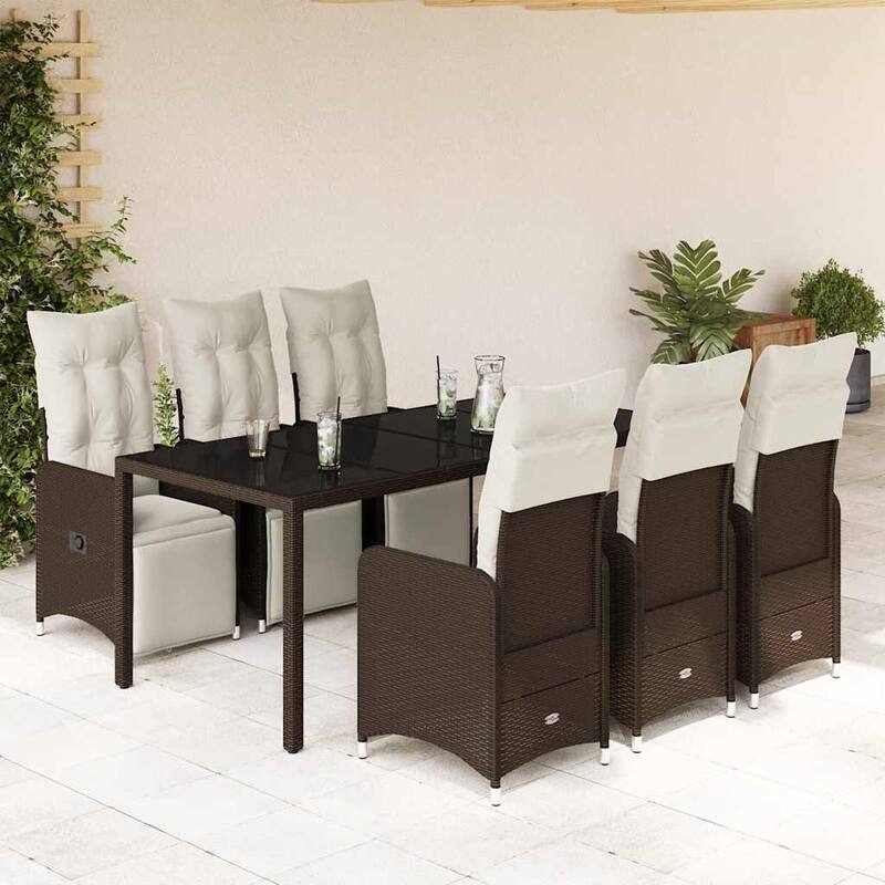 vidaXL Patio Bistro Set with Cushions Outdoor Table and Chairs Brown Poly Rattan - 59.1" x 35.4" x 29.5" - Brown (2)