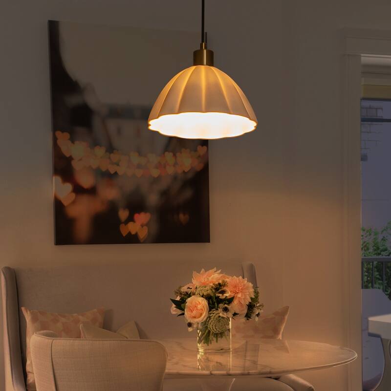 1-Light Pendant Light with Fluted White Ceramic Dome & Brass Accents - Dia.9.65-in