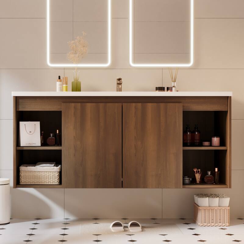 48-Inch Wall-Mounted Modern Bathroom Vanity with Single Sink – Sleek MDF Construction for Contemporary Spaces - Brown