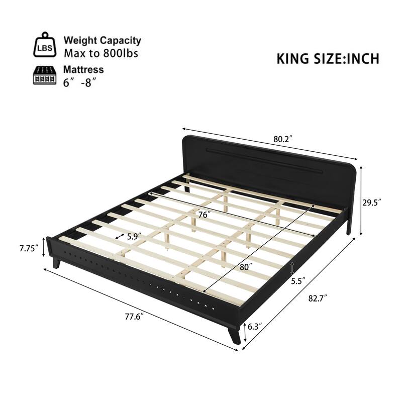 Roomfitters King Pine Wood Bed Frame with Headboard, Stable Platform Base Support, No Box Spring Needed