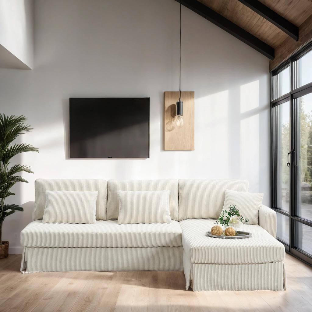 87*61" L-shaped Corduroy Sofa with Reversible Chaise, 4-Seat Upholstered Sectional Sleeper Couch with Pillows, Beige