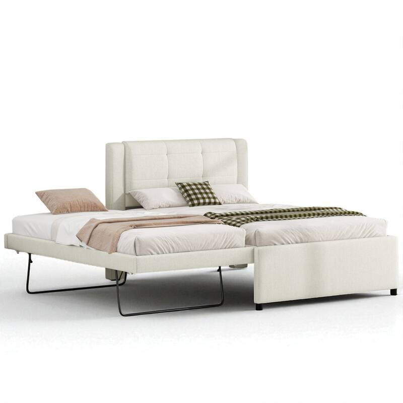 Full Size Upholstered Platform Bed with Adjustable Trundle, Linen Headboard, No Box Spring Needed