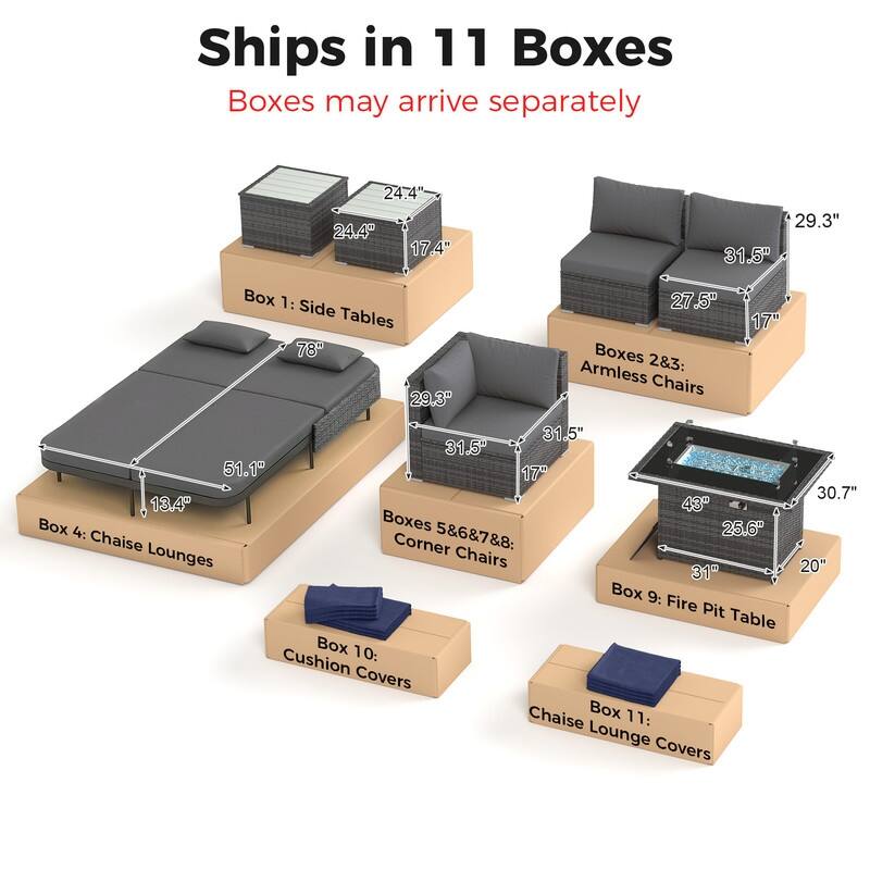 Outdoor Sectional Conversation Set PE Wicker with Double Chaise Lounge, 60,000 BTU Fire Pit Table