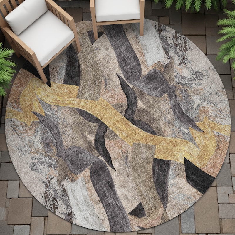 Machine Washable Indoor/Outdoor Contemporary Brushstrokes Chantille Rug - Taupe - 8' x 8'