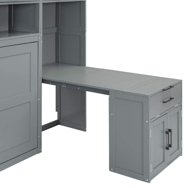 Twin Size Wood Murphy Bed with Desk, Foldable Wall Bed with Closet and Open Shelves, Hidden Cabinet Bed Frame with Drawers
