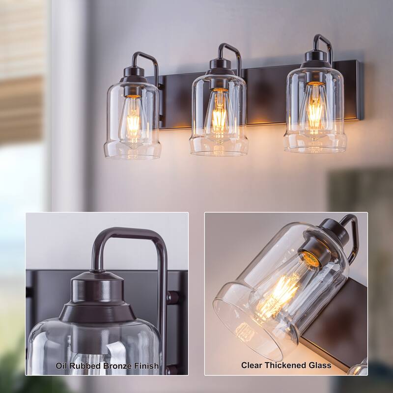 Starsky Modern Farmhouse 3‑Light Vanity Wall Light with Clear Decorative Glass Shades, E26 Bulb Base, Oil Rubbed Bronze Finish
