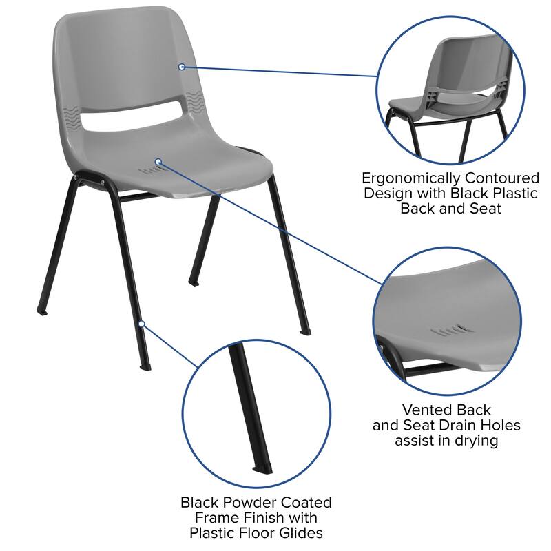 5 Pack 880 lb. Capacity Ergonomic Shell Stack Chair with Metal Frame - 23.5"D x 19.25"W x 32"H