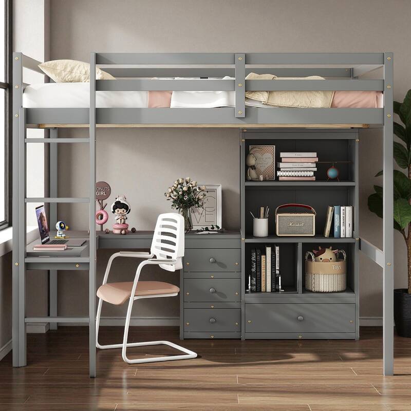 Full Size Loft Bed with Desk, Drawers and Shelves, Solid Pine Wood Frame with Built-in Ladder and Guardrails - Grey - Full