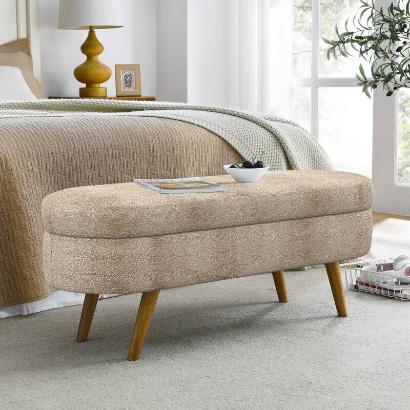 Ottoman Oval Storage Bench,Rubber Wood Legs - Brown