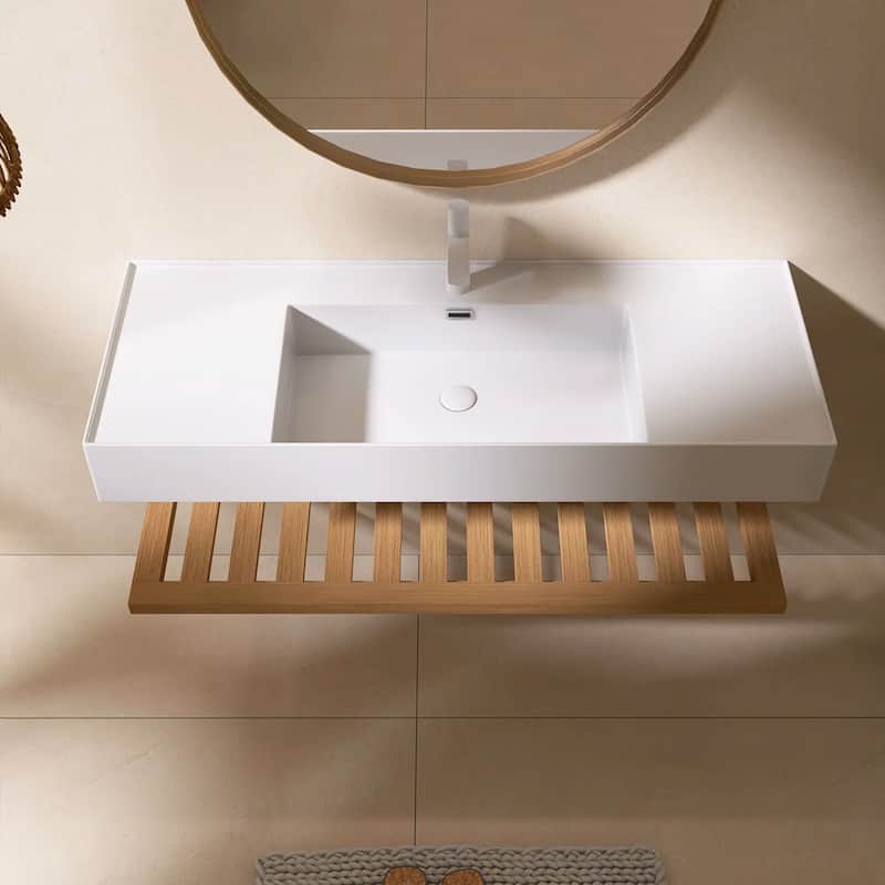 Wall-Mounted Bathroom Vanity in Natural Wood with White Integrated Acrylic Sink