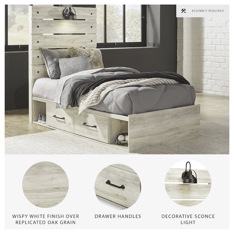 Cambeck Whitewash Panel Bed With 2 Under Bed Storage Drawers
