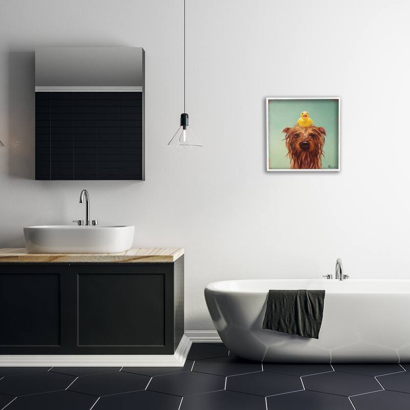 Stupell Wet Dog with a Rubber Ducky Turquoise Bath Framed Wall Art, 12x12, Proudly Made in USA