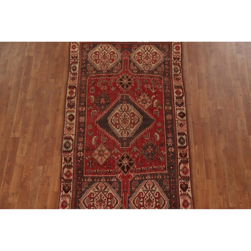 Red Shiraz Persian Antique Area Rug Handmade Wool Carpet - 3'11"x 7'6"